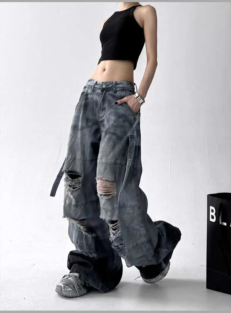 Femmes jean pantalon américain haute rue déchiré droit jambe large jean pour femmes conception cravate-teinture Jazz danse Cargo pleine mince jean