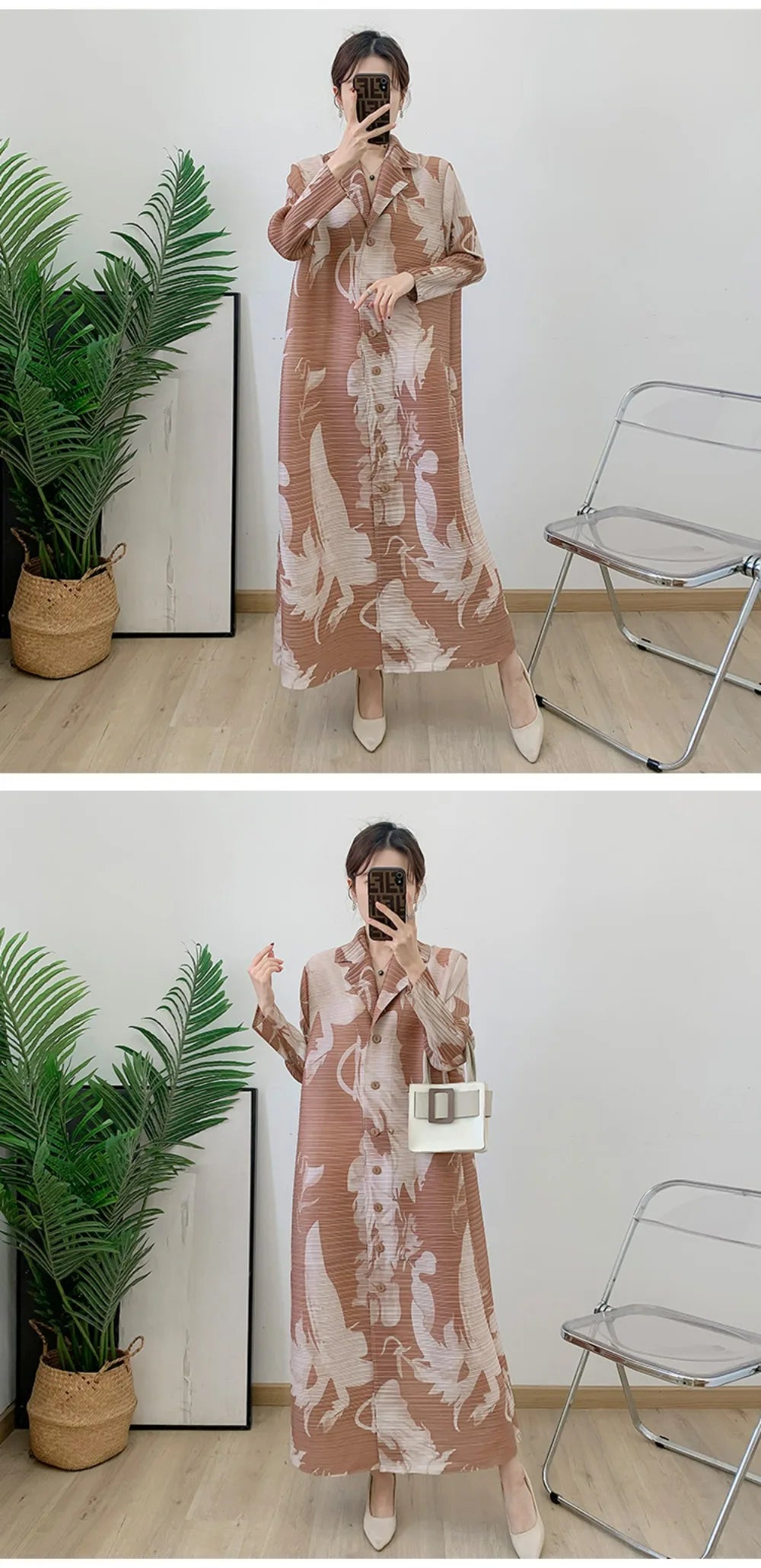 Robe imprimée à col en v pour maman, nouvelle mode d'âge moyen et âgée, manches sept-quarts, jupe plissée verte X, printemps 2025