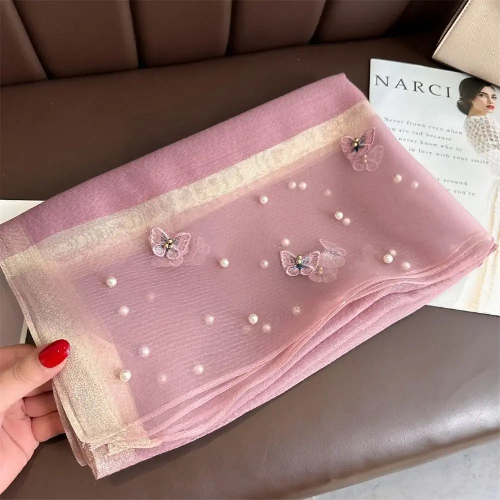 Grand Foulard Fin et Élégant avec Broderie Papillon, Châle Hijab de Luxe pour Femme