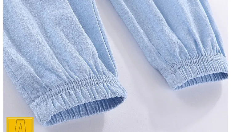 Pantalons pour enfants pour garçons et filles, en coton et lin, taille élastique, couleur unie, pantalons moustiques d'été, vêtements pour enfants, pantalons longs 100-160cm