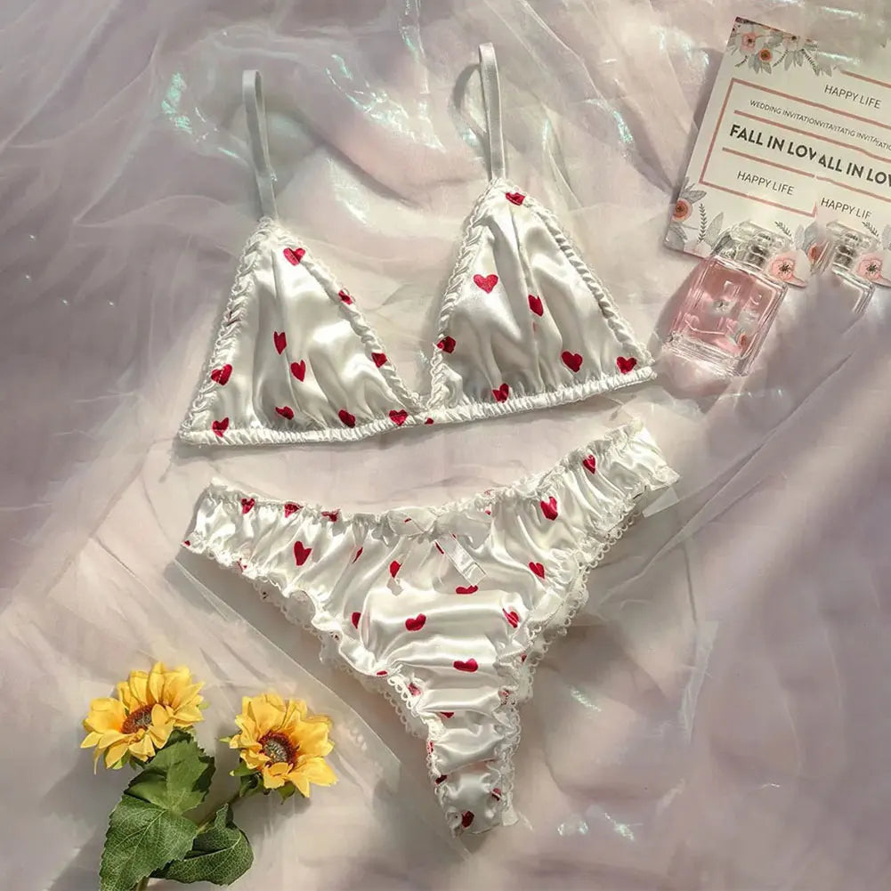1 ensemble de soutien-gorge et culotte en Satin doux et soyeux, Lingerie Sexy en forme de cœur d'amour, haut, culotte, pyjama, mignon, doux et lisse, vêtements de nuit