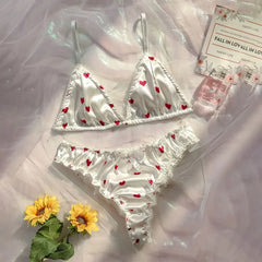 1 ensemble de soutien-gorge et culotte en Satin doux et soyeux, Lingerie Sexy en forme de cœur d'amour, haut, culotte, pyjama, mignon, doux et lisse, vêtements de nuit