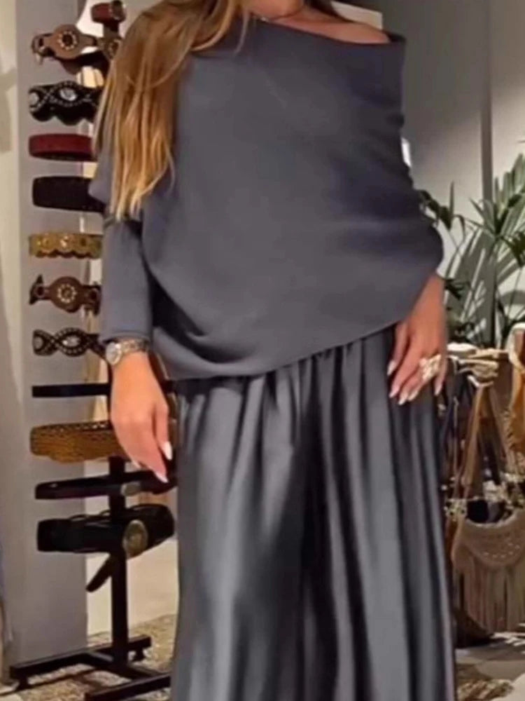 Elegant Off-the-Shoulder Satin Top and Wide-Leg Pants Set, Slash Neck, Irregular Fashion, Solid, Commuter Outfits, Simple Loose Sets for Women