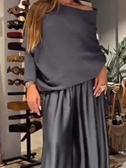 Elegant Off-the-Shoulder Satin Top and Wide-Leg Pants Set, Slash Neck, Irregular Fashion, Solid, Commuter Outfits, Simple Loose Sets for Women