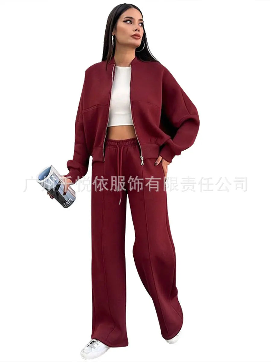 Women's two-piece casual set, solid color, sweatshirt, long sleeves, zip-up coat, long pants, pockets, elegant, autumn/winter 2025