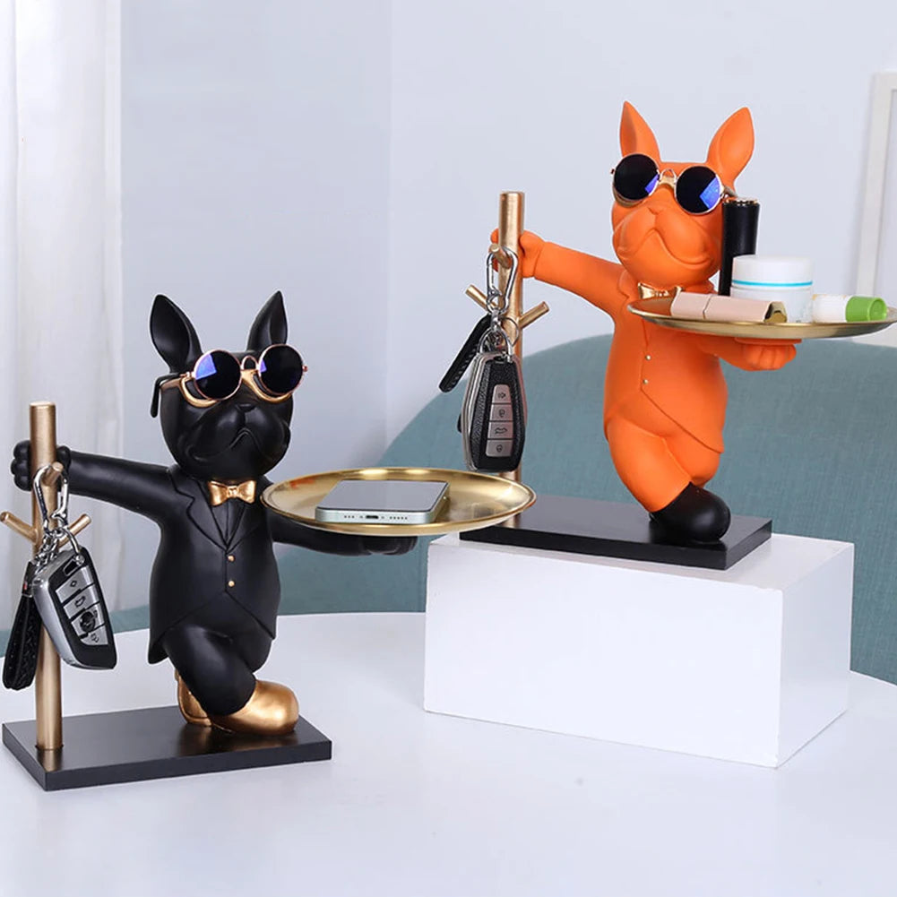 Sculpture de bouledogue français, Statue de chien, Figurine décorative, plateau de rangement en métal, pièce de monnaie, tirelire, clé d'entrée, porte-snack