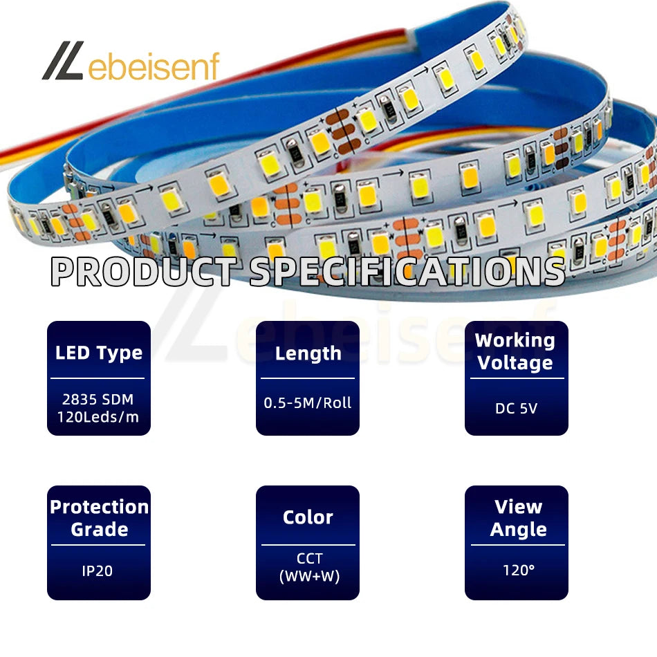 LED strip light kit for tourist information, flexible bar light, dimmer controller, USB, 0.5-5m, 5V, 120g/m, 3000K, 4000K, 6000K CCT, 4 buttons, 2m