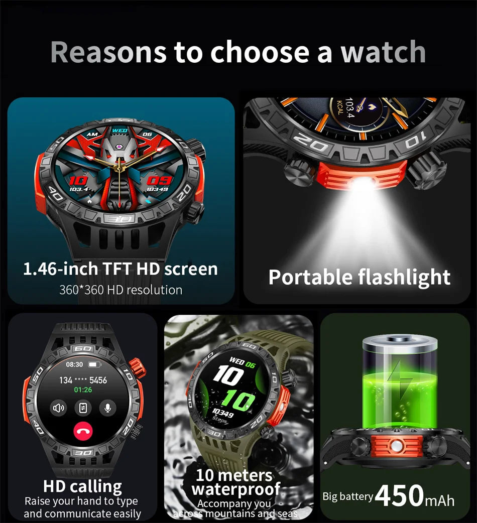 Montre intelligente étanche avec éclairage LED pour homme, boussole, tracker de fitness sportif, IP68, Bluetooth, conversation, Android, iOS