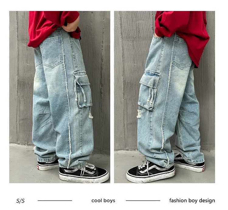 Adolescents garçons Hip Hop Streetwear vêtements de travail jean printemps automne 2025 nouveau Style enfants beau à la mode déchiré pantalon à jambes larges