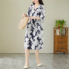 Robe mi-longue amincissante pour femmes, grande taille, imprimé Vintage, ceinture, taille ample, nouveau Style, longueur aux genoux, col en v, Fiber de Polyester, été