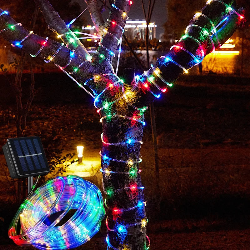 Solar string lights, outdoor tube rope lights, waterproof tube lights for outdoor home, garden, parties, and decorations. LED outdoor lights.