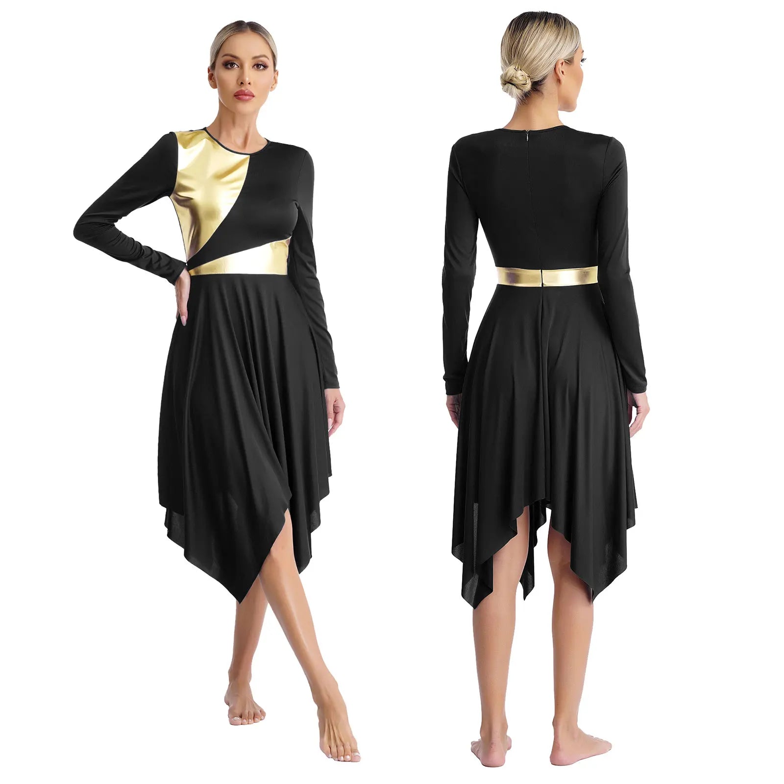 Robe de danse lyrique à manches longues pour femmes, robe à ourlet irrégulier, costume de spectacle liturgique, vêtements de danse modernes, culte de la chorale d'église