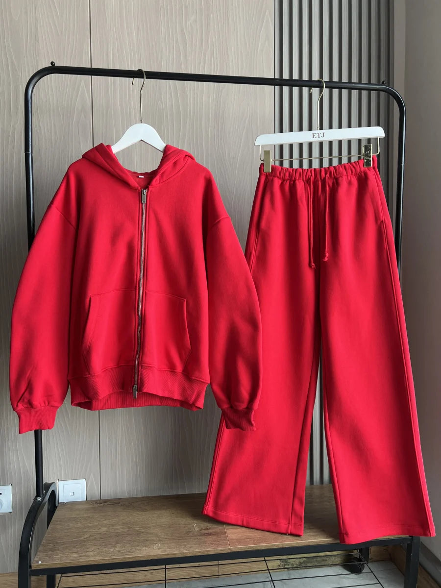 ETJ 2025 automne/hiver nouveau sport décontracté pour femmes surdimensionné sweat à capuche avec fermeture éclair jambe large vadrouille pantalons de survêtement ensemble 4174842