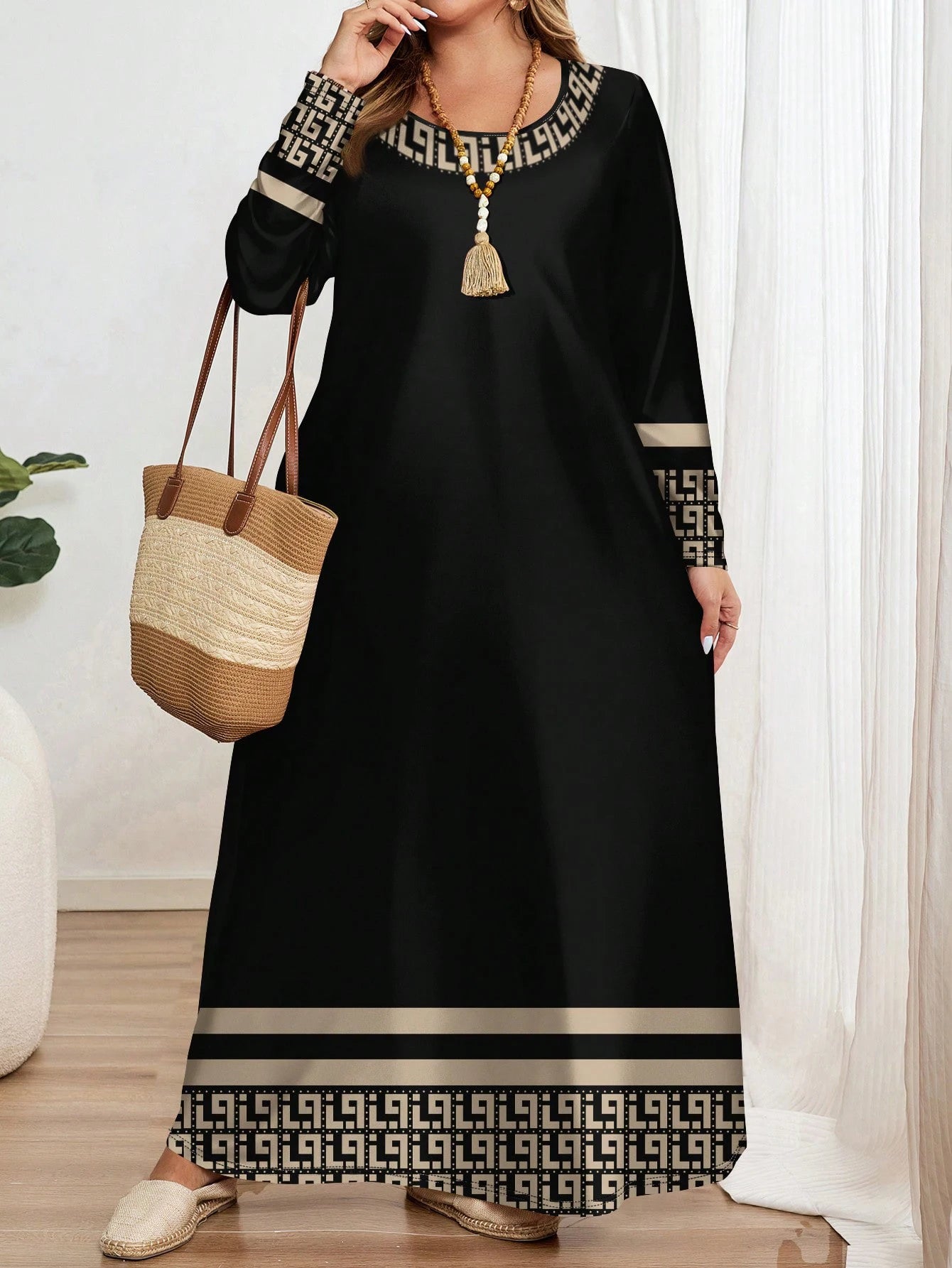 Robe à manches longues et col rond pour femmes, grande taille, mode ethnique, imprimé géométrique