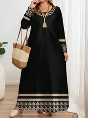 Robe à manches longues et col rond pour femmes, grande taille, mode ethnique, imprimé géométrique
