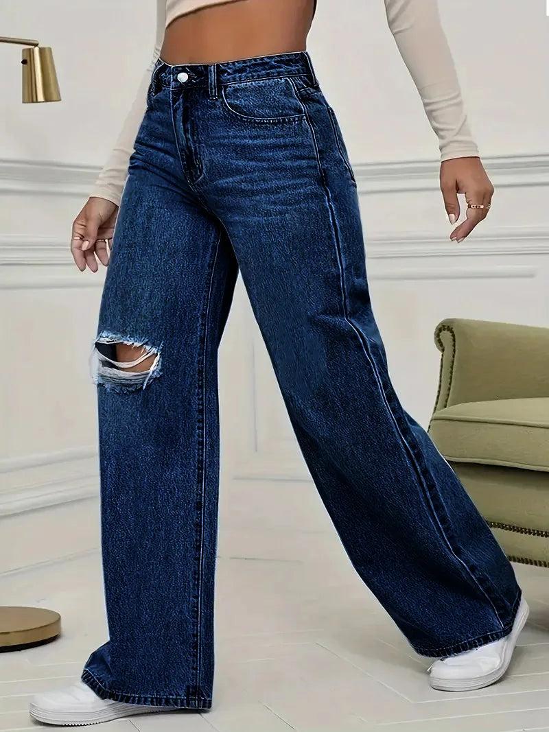Pantalon en Denim à jambes larges pour femmes, ample, taille haute, trou de personnalité délavé, nouvelle mode classique décontractée, longueur au sol, quatre saisons