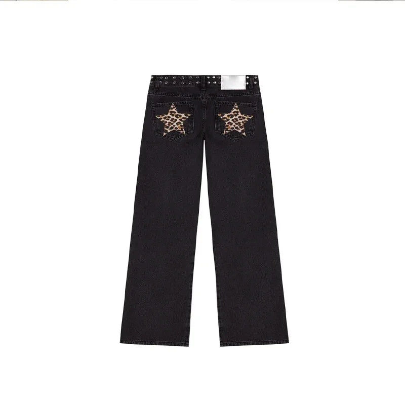 Y2K Vintage jean Flash argent étoile motif métal Rivet jean femme Baggy décontracté jambe droite Denim pantalon Simple femmes vêtements
