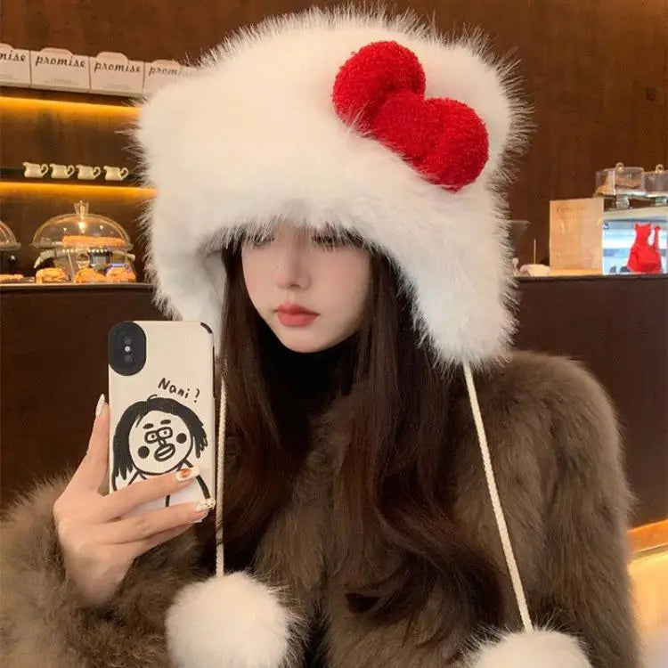 Chapeau seau mignon Hello Kitty avec cordon réglable, chapeau d'hiver à la mode, coupe-vent, matériau épais, casquette Streetwear Kawaii pour fille
