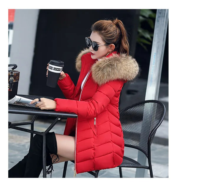 Veste d'hiver mi-longue en coton pour femme, manteau d'hiver rempli de grand col en fourrure, fibre de Polyester de Style britannique Non amovible