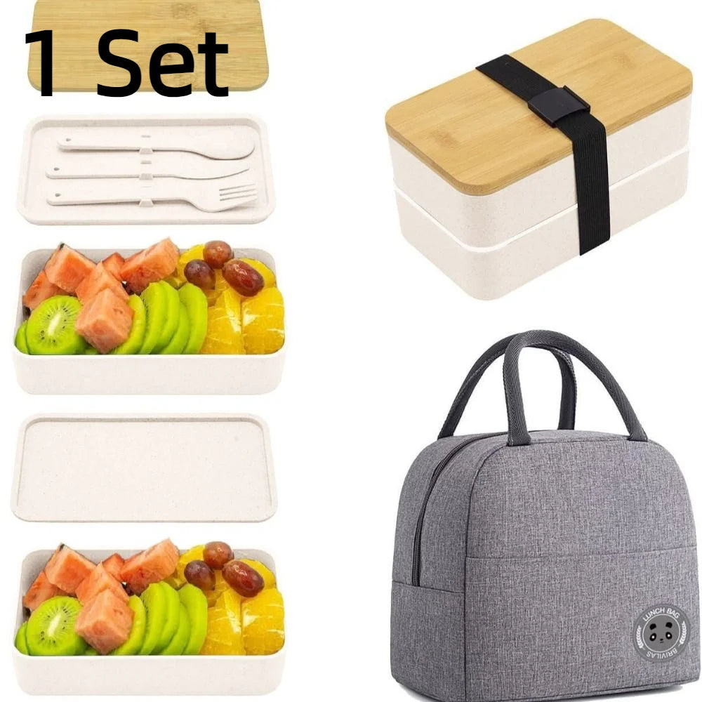 Boîte à Déjeuner Synchronisée avec Couvercle en Bois pour Pique-Nique, Micro-ondes, Bento Japonais, Portable, Double Couche, Récipient Alimentaire pour Enfants, 1200ml