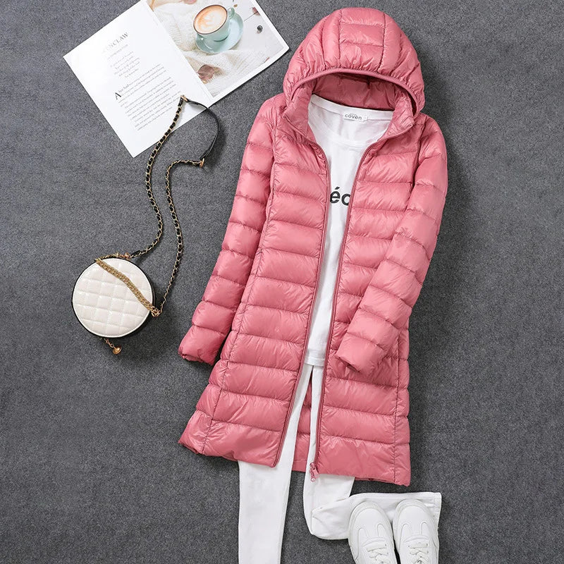 Femme printemps rembourré à capuche longue veste blanc canard vers le bas femme pardessus Ultra léger mince solide vestes manteau Portable Parkas