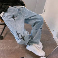 Boyfriend Vintage mode droite décontracté ample Denim Cargo pantalon hommes concepteur imprime étoile jean Streetwear ample jambe large jean