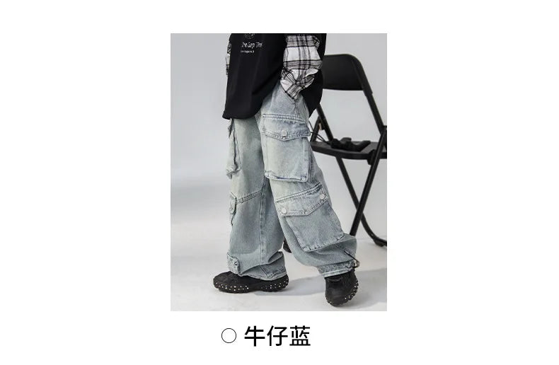 Jean ample à jambes larges pour garçons, pantalon de travail pour enfants moyens et grands, coupe confortable, printemps-automne