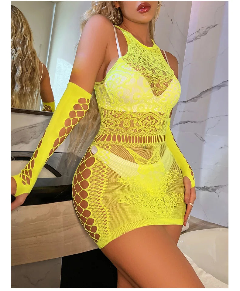 Robe érotique en dentelle pour femmes, Lingerie érotique, chemise de nuit en maille transparente, nuisettes, robe de pyjama transparente