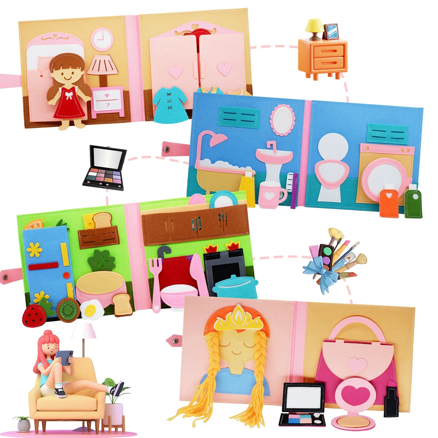 Livres silencieux Montessori pour les tout-petits, livre d'activités douces, livre en tissu feutré, jouet de voyage sensoriel avec activités d'apprentissage