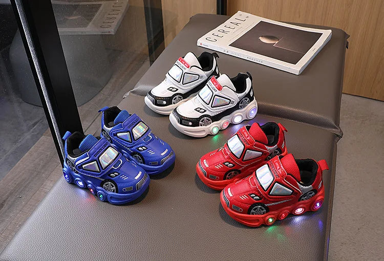 Diseny enfants chaussures décontractées lumière LED voiture Club dessin animé en cuir PU printemps chaussures pour enfants anti-dérapant rouge bleu chaussures taille 21-30