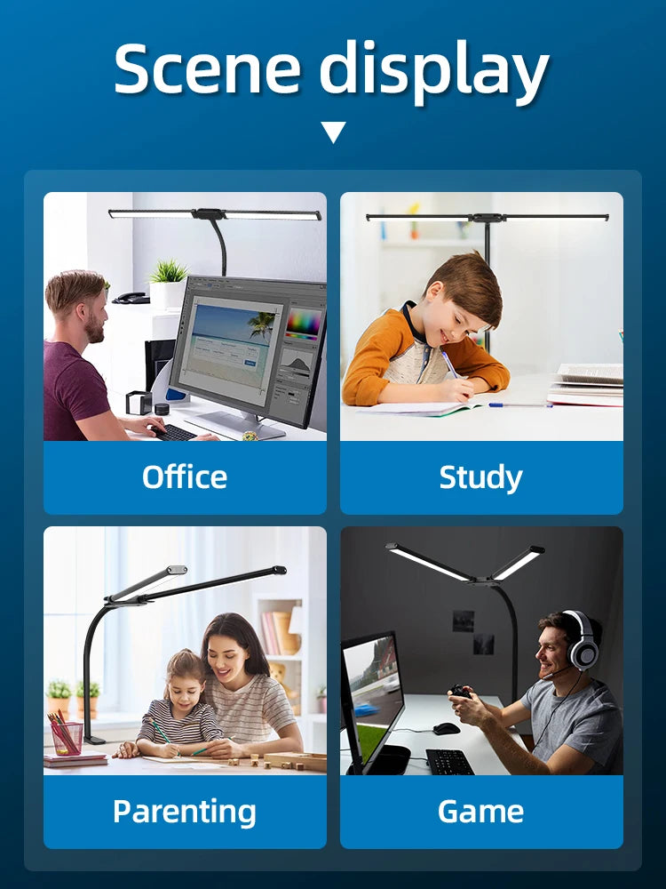 Lampes de bureau LED à double tête, lumière de moniteur d'ordinateur à intensité variable en continu, lampe de table USB pour étude de bureau, luminaire de lecture  lumiere bureau  lampe ecran ordinateur