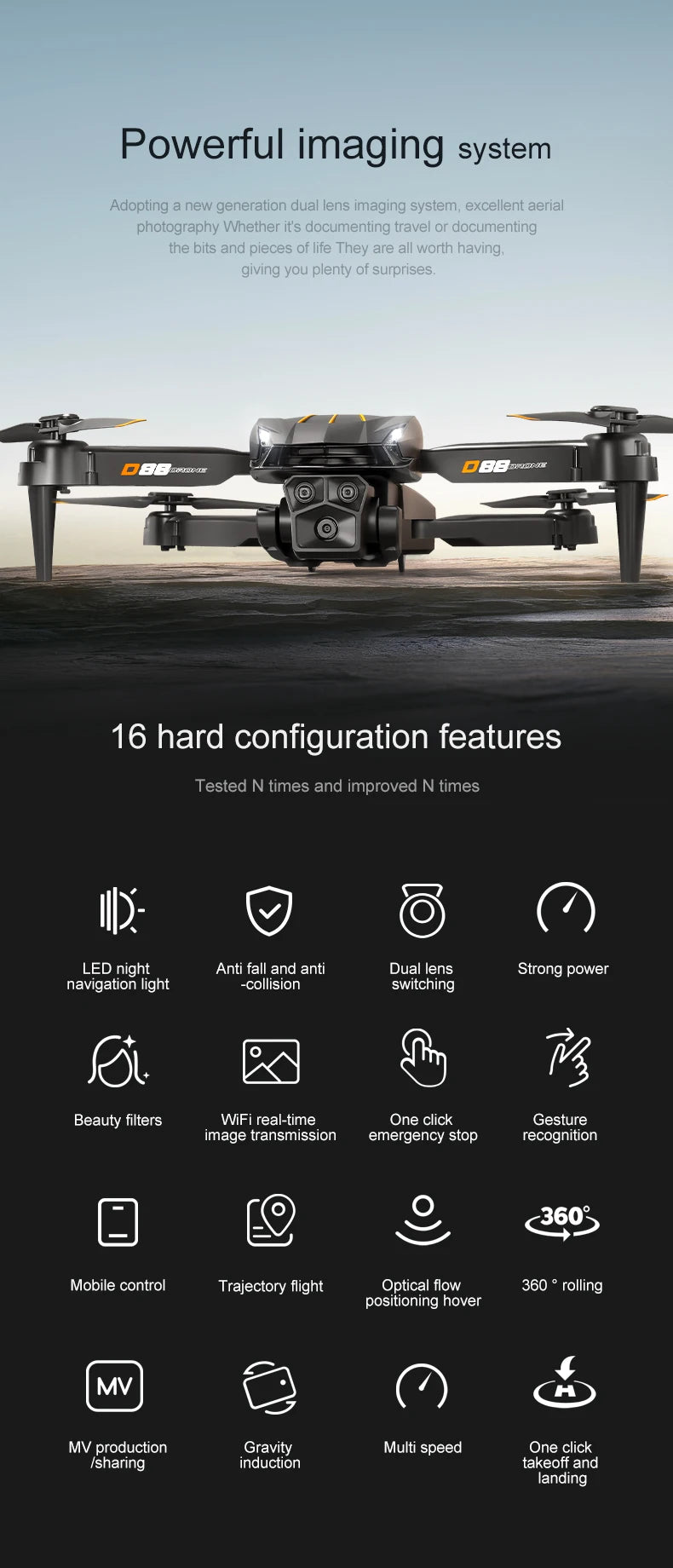 Xiaomi D88 Drone HD 8K double caméra photographie aérienne professionnelle flux optique vol stationnaire geste tir pliable quadrirotor ﻿