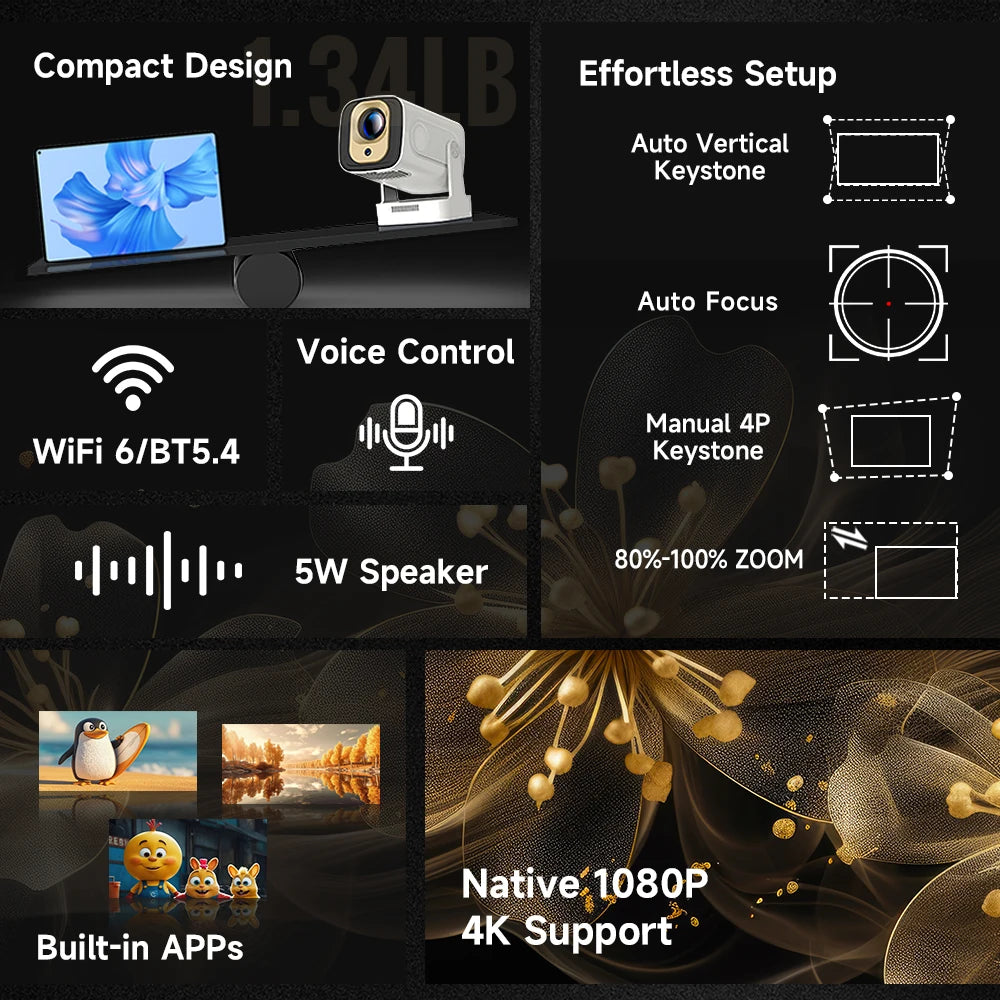 Magcubic HY310 projecteur à mise au point automatique 1080P natif 4K 330ANSI Android 11 WiFi6 BT5.4 Mini projecteur de film extérieur avec Air Mouse