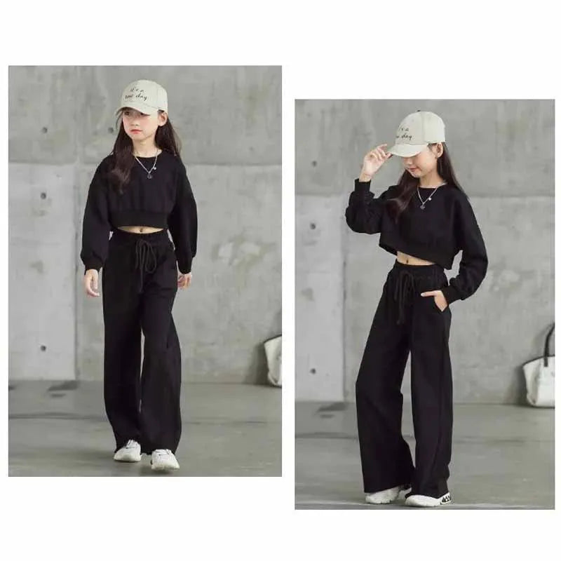 Girls' solid color outfit set, long-sleeved cropped sweater and pants, 2 pieces, new spring-autumn fashion, casual suit for children aged 4 to 12 years