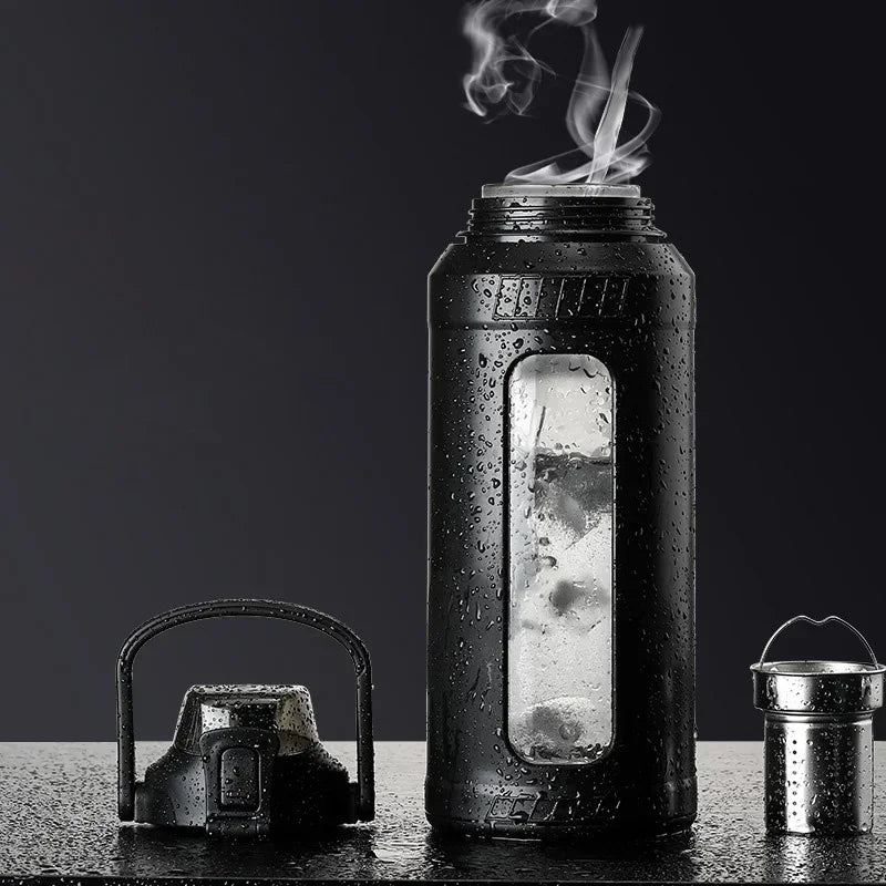 Large capacity 2L glass water bottle with removable straw, high borosilicate glass water bottle with carrying handle for gym