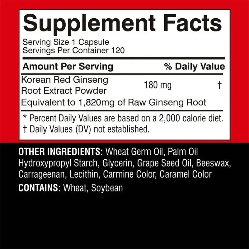 Supplément coréen au ginseng rouge – Soutient la santé globale, augmente la production énergétique, soulage le stress – 120 pièces