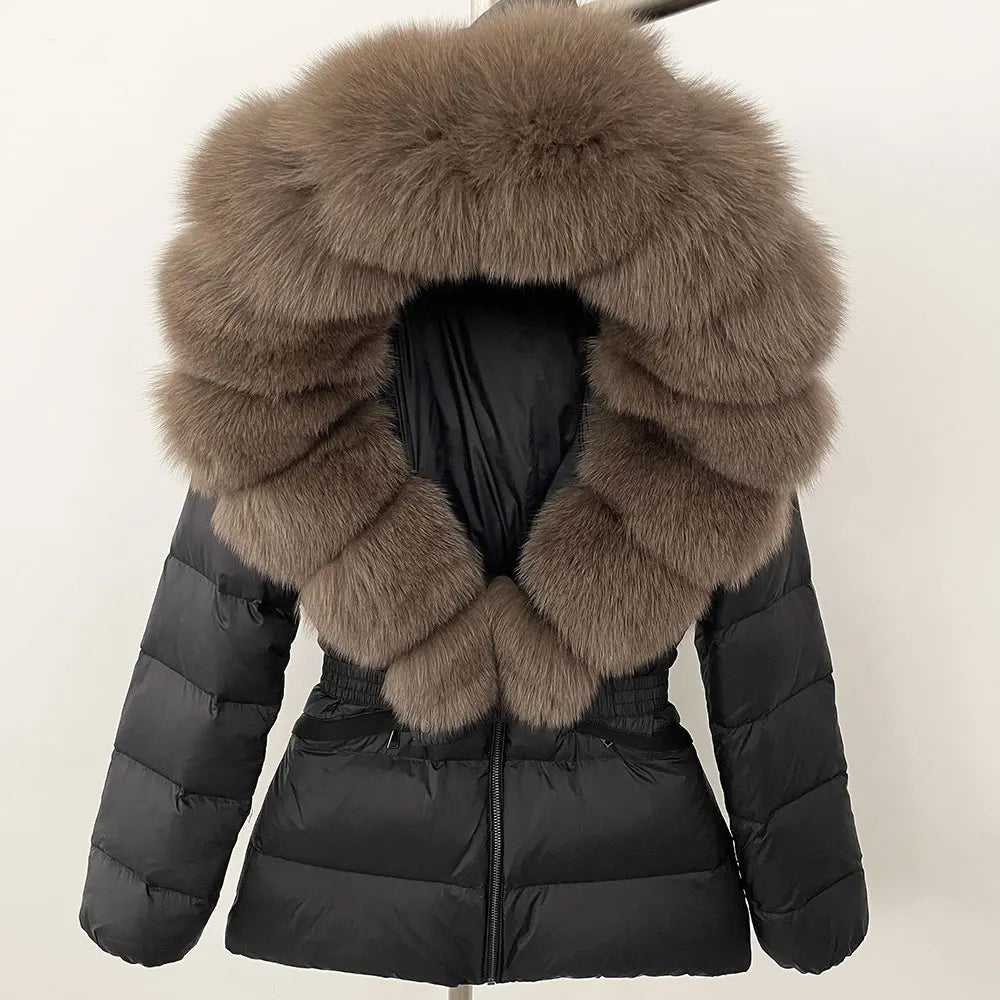 OFTBUY 2024 veste d'hiver femmes naturel réel raton laveur col de fourrure de renard à capuche blanc canard vers le bas manteau ceinture épais chaud vêtements d'extérieur décontractés