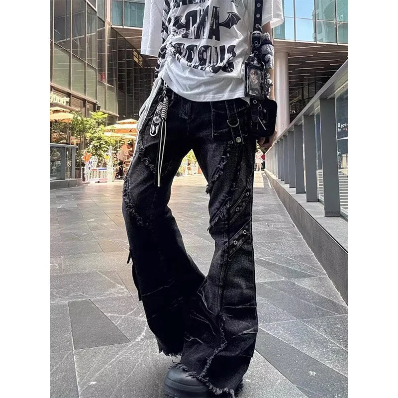 Jean évasé Baggy Y2k pour femmes, pantalon en Denim Patchwork, Style japonais Harajuku des années 2000, Vintage, surdimensionné, Cargo, vêtements