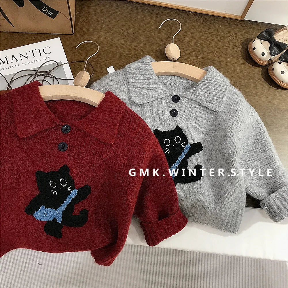 Automne hiver enfants vêtements coton chat Jacquard col rabattu enfant fille pull costumes ample Plaid enfant en bas âge bébé fille jupes