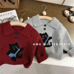 Automne hiver enfants vêtements coton chat Jacquard col rabattu enfant fille pull costumes ample Plaid enfant en bas âge bébé fille jupes