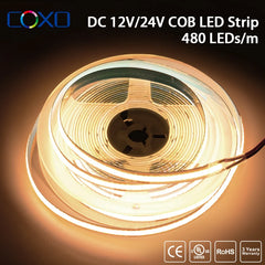 UL 320 Listed COB LED Strip Light, 480 LEDs/m, 16.4 feet of high-density flexible tape, 3000-6500K, RA90, Dimmable LED Lights, DC12V 24V
