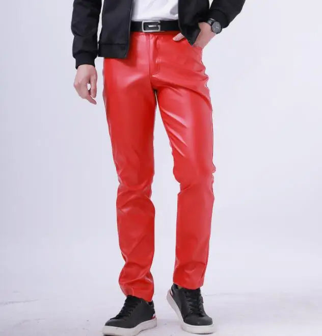 Pantalon en cuir PU pour hommes, Slim, à la mode, rouge, bleu, noir, gris, blanc, nouvelle collection 2024