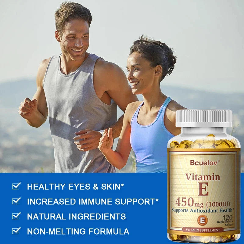 Bcuelov Vitamine E 1000 IU 450mg - pour la peau, les cheveux, la santé circulataire, le support du système immunitaire - supplément antioxydant