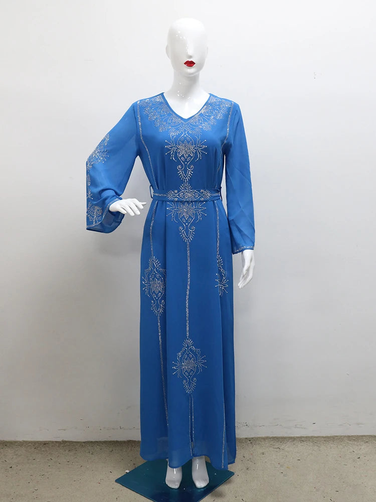 Eid Jalabiya - Women's Muslim Evening Dress, Diamond Lace-Up Arabic Abayas, Long Dresses, Elegant Dress, Educational Dress for Ramadan