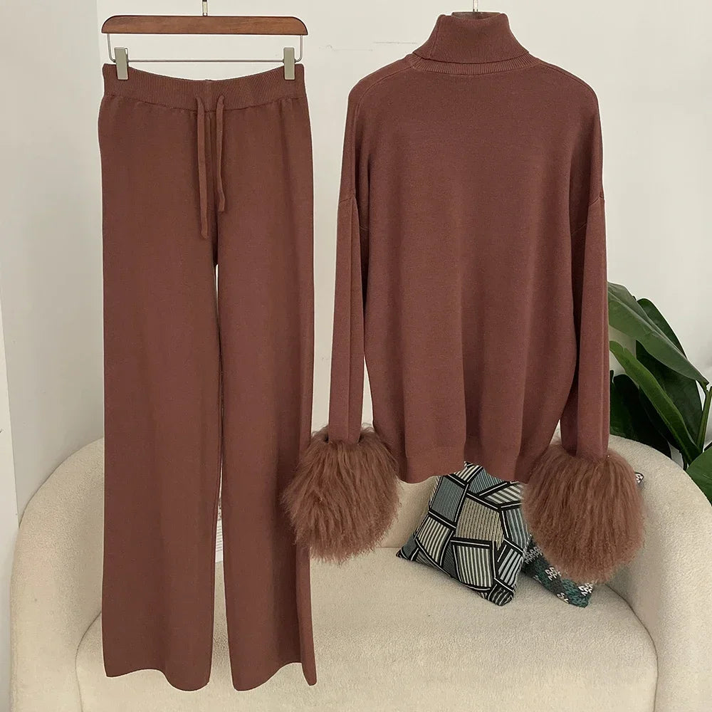 Ensemble pull et pantalon tricotés en laine et mélange pour femme, avec poignets en vraie fourrure de mouton mongole, costume tricoté de haute qualité 2025
