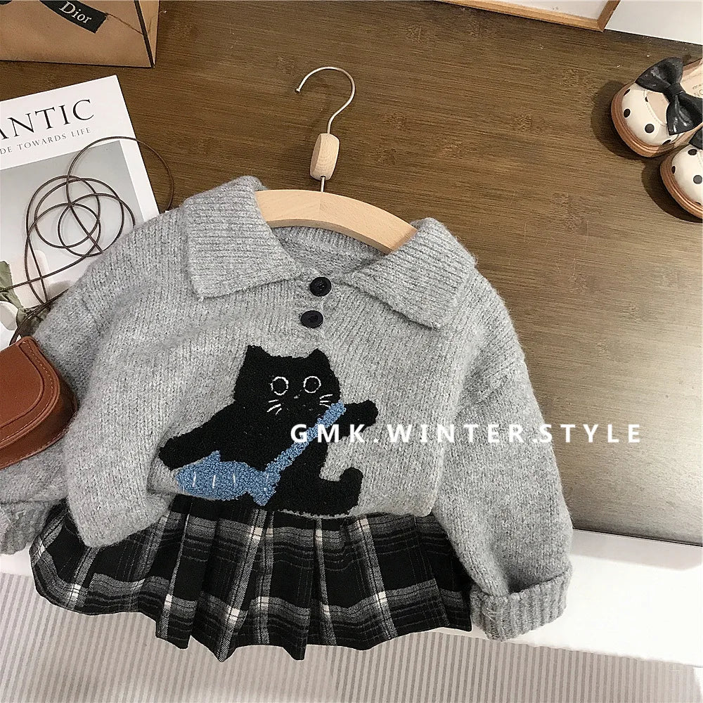 Automne hiver enfants vêtements coton chat Jacquard col rabattu enfant fille pull costumes ample Plaid enfant en bas âge bébé fille jupes