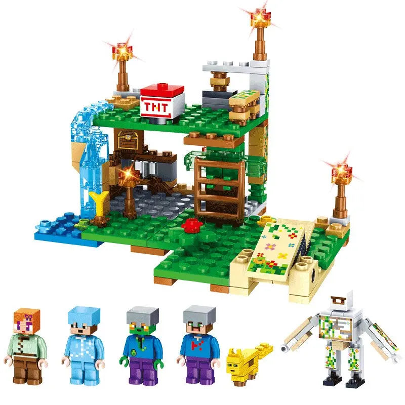 Blocs de construction de puzzle pour enfants, toboggans de village, grottes, mines, villes de chevaux, chats, léopards, jungles, jouet éducatif pour