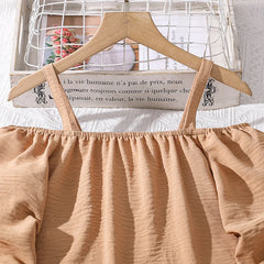 Ensembles de vêtements pour enfants pour filles, kaki, épaules dénudées, haut à manches longues et pantalon imprimé à rayures, costumes pour enfants de Style station d'été OOTD