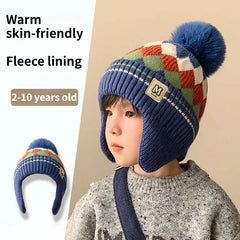 Nouveaux enfants tricoté chapeau chaud hiver chapeau avec peluche Pom cache-oreilles enfants coupe-vent et résistant au froid bonnet cadeau pour enfants