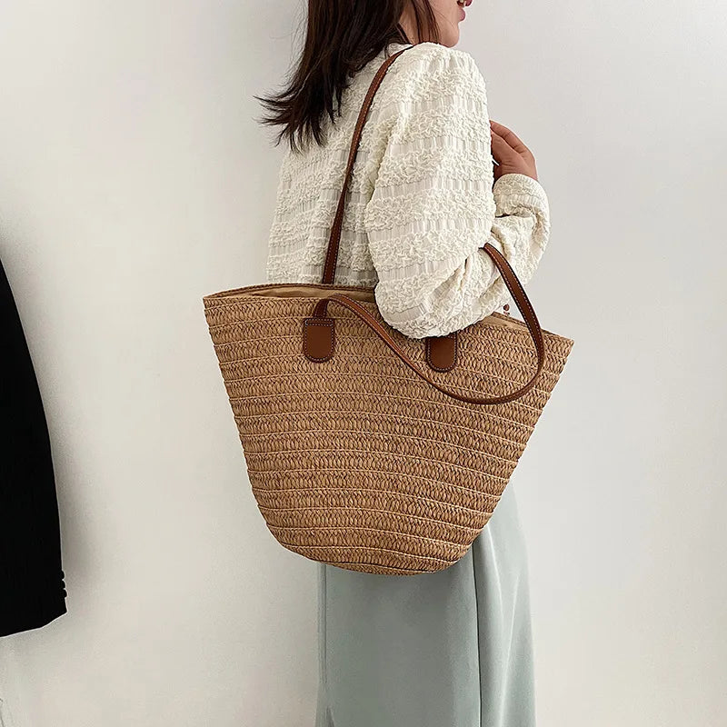 Sac à bandoulière de grande capacité pour femmes, panier tissé en paille d'été, sac à main de luxe de styliste, sac de plage, fourre-tout de shopping Bali